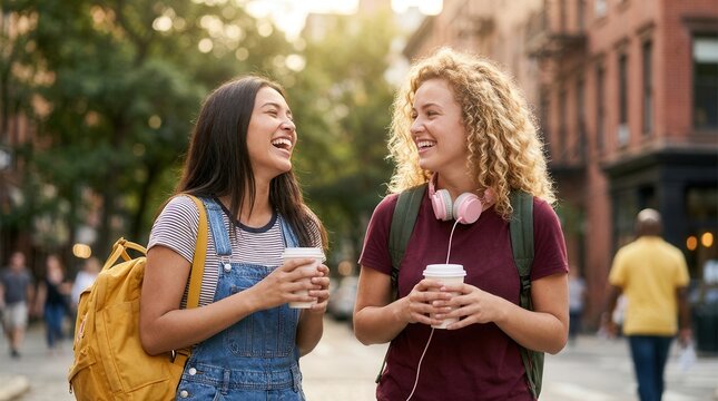 Two young female friends laughing and enjoying coffee during a city trip.