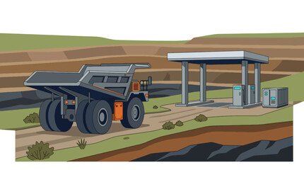 Large Mining Dump Truck Refueling at a Remote Gas Station in an Industrial Landscape. © islakhudin