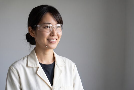 Smiling scientist in a laboratory coat and safety glasses