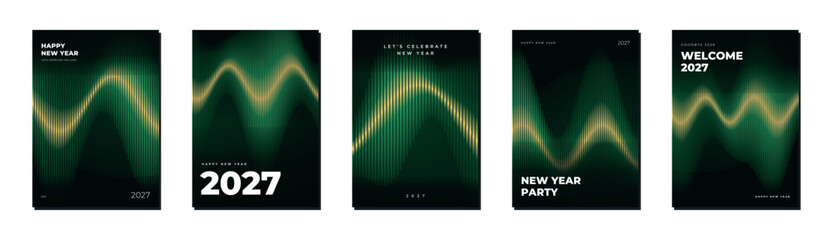 Green and gold luminous waves flow across five New Year 2027 vector posters. Abstract vertical line patterns create layouts for music party flyers, event invitations, greetings and promotions. © Vividline
