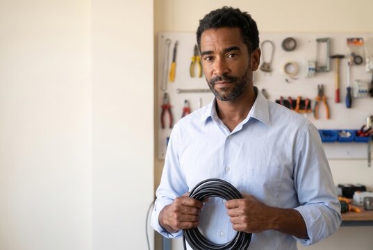 Electrician presenting coiled cable during a work discussion