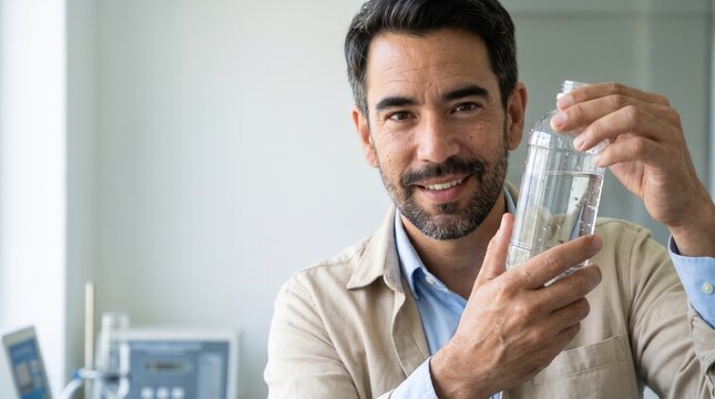 Water quality specialist inspecting a clear sample bottle