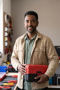 Electrical worker holding a toolbox in a repair workshop