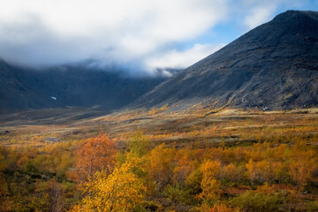 Majestic Autumn Mountain Valley: Dark Slopes Shrouded in Thick Clouds © sablinstanislav