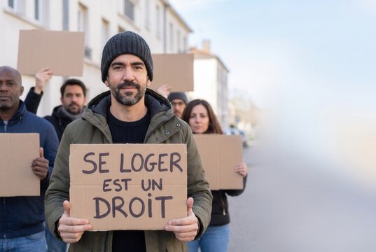Protester holding a French sign asserting the right to housing