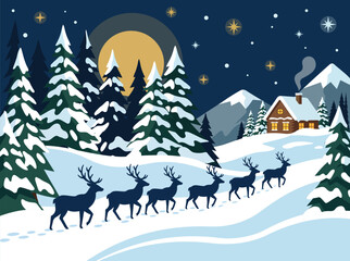 Winter mountain landscape with walking reindeer silhouettes at night, snowy forest, full moon and cozy cabin, vector illustration © KPS Creative Studio