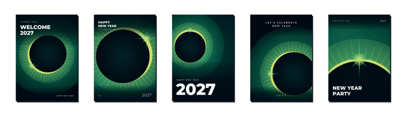 Lime green eclipse-style rings with radiant rays decorate five New Year 2027 posters. Abstract vector layouts with glowing circles for party flyers, event invitations, greetings and promotions. © Vividline