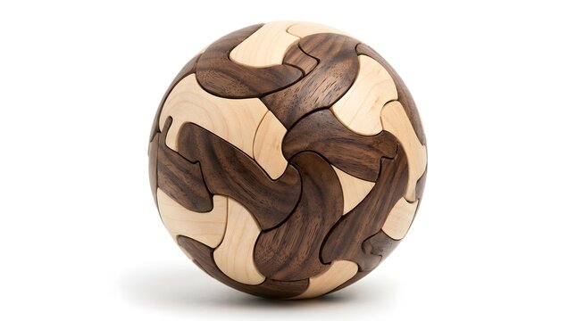 Wooden spherical puzzle with interlocking pieces displays intricate patterns and textures on a clean white background.