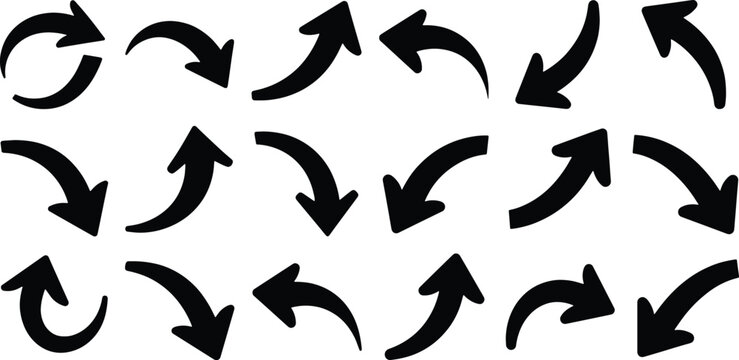 Black hand drawn curved arrows set vector illustration isolated on white background