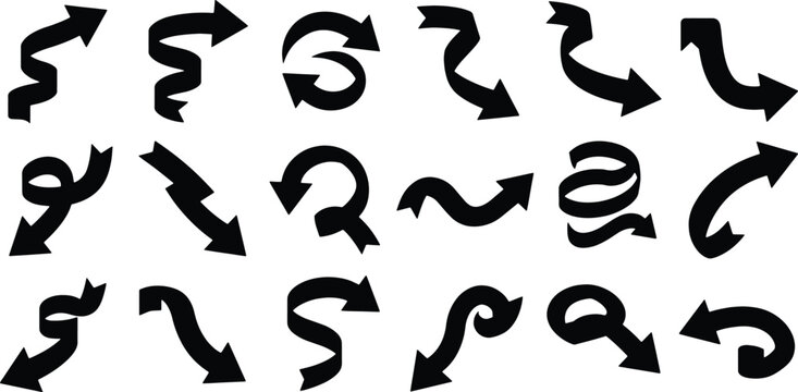 Set of wavy curly and twisted dynamic black arrows collection vector graphic design