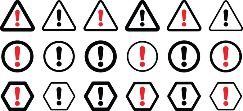 Set of warning and danger exclamation mark icons in various geometric shapes vector graphic