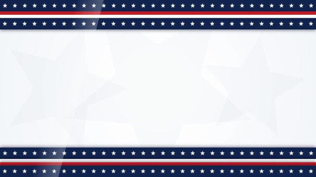 American patriotic background with moving stars and red stripes horizontal ribbon borders framing white copy space. Seamless motion loop ideal for US election and holiday videos.
