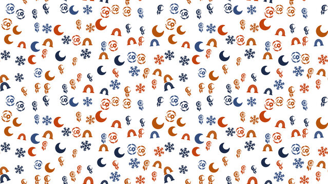 Seamless pattern of moons, rainbows, snowflakes, and dreamcatchers