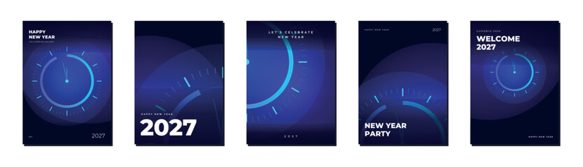 New Year 2027 countdown posters with glowing blue clock faces on purple backgrounds. Five vector layouts for midnight party invitations, year-end event flyers, greetings and social media posts. © Vividline