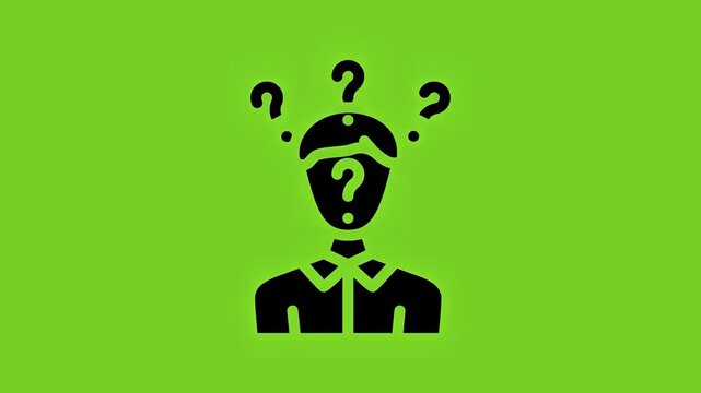 Animated black icon of a confused person with question marks floating around their head on a green background.  