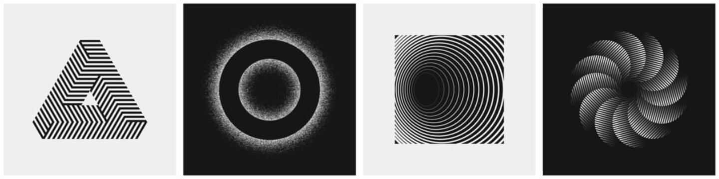 Abstract optical patterns. Geometric collection of striped illusions, concentric circles, impossible shapes and dynamic spiral forms.