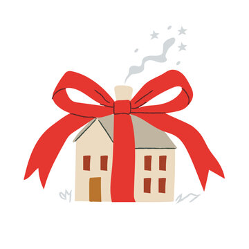 Hand drawn house tied with ribbon bow and chimney smoke vector clipart. Flat cozy cottage naive illustration of home gift wrap for realtor housewarming and christmas packaging. Vector illustration 