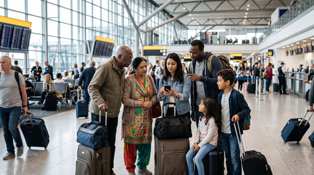 Diverse family navigating airport terminal with luggage.