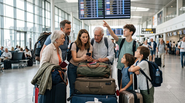 Diverse family navigating airport terminal with luggage.