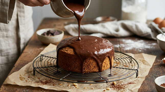 Close up of baker pouring delicious melted chocolate ganache glaze over a round cake on a cooling rack