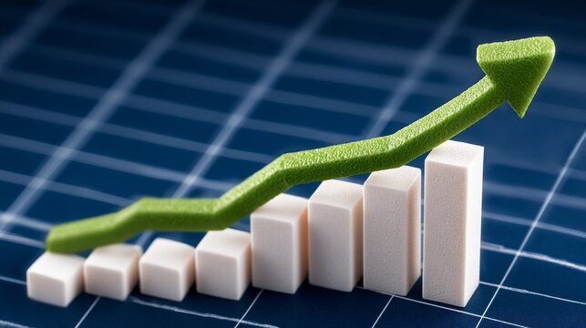 A green upward-pointing arrow rising over a white bar graph on a dark blue grid background, symbolizing financial growth.Financial news portals, stock trading platforms, business management blogs