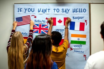 Diverse students learn greetings on a multilingual classroom poster © Rawpixel.com