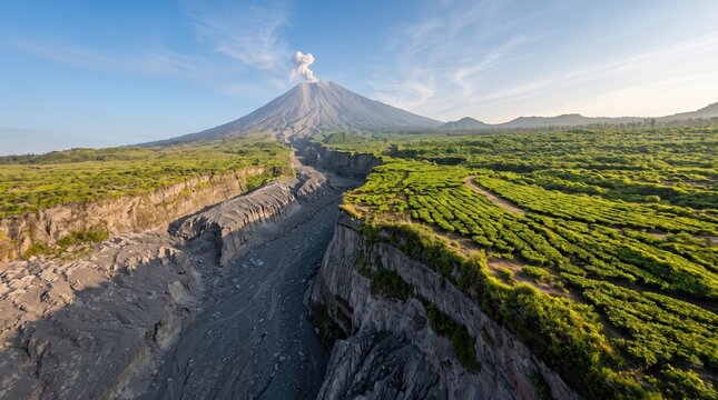 Majestic Merapi Volcano Erupting with Ash Plume Over Lush Green Landscape.