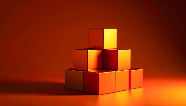 Stack of golden cube blocks arranged in a pyramid shape on an orange background, suggesting growth, success, or foundation
