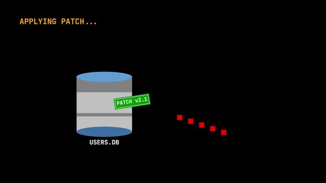 Conceptual Motion Graphic of a Server Database Receiving a Data Leak Patch and Transitioning to a Secure Protected System State
