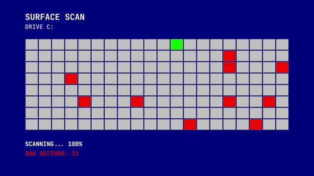 Retro OS Surface Scan Utility Displaying Bad Sector Detection and Repair Status Animation Concept