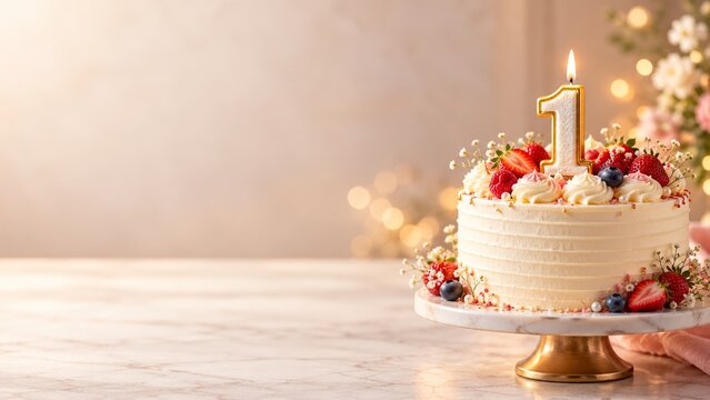 First anniversary cake with a number one candle