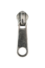 Single shiny metallic zipper pull with a textured surface is prominently displayed against a clean white background, captured with bright studio lighting © no one