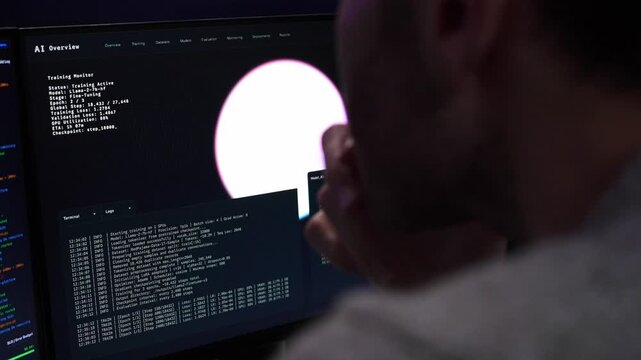 Programmer observes computer monitors displaying an AI model training dashboard with terminal logs, running code, build status, and a rollback alert