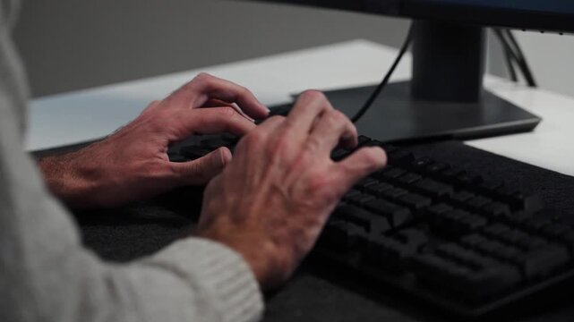 Close-up of a man's hands typing on a computer keyboard at office desk, programming making code script