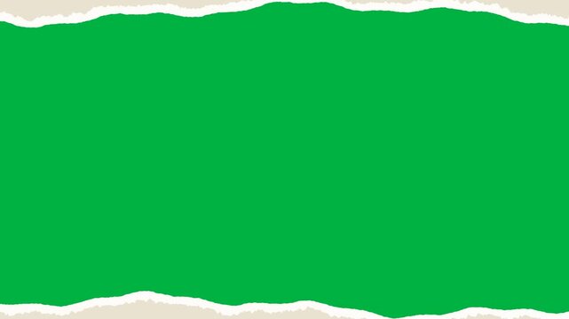Paper tearing animation with horizontal and vertical strips being ripped and rolled away, revealing torn paper edges on a green screen background for transition effects and creative video projects.