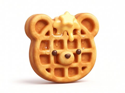 A 3D waffle icon in the shape of an adorable bear head, topped with melted star-shaped butter and sparkling pure syrup.