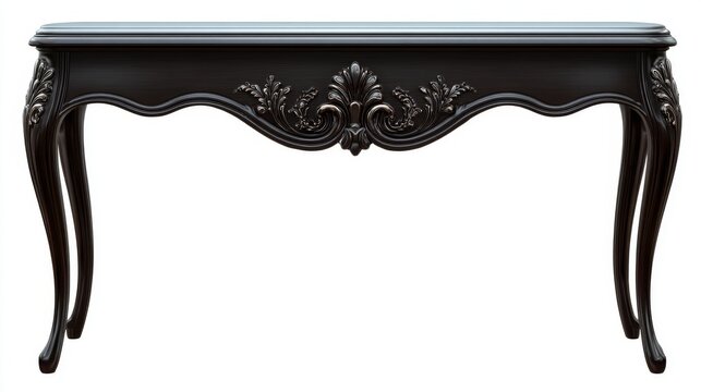 An elegant dark vintage console table featuring intricate carved floral ornaments and classic curved legs against a plain white background.Interior design blogs, online furniture stores, home decor 