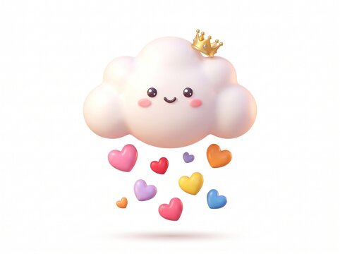 Cute white 3D cloud with golden crown and smiley face, raining down colorful 3D hearts floating below it