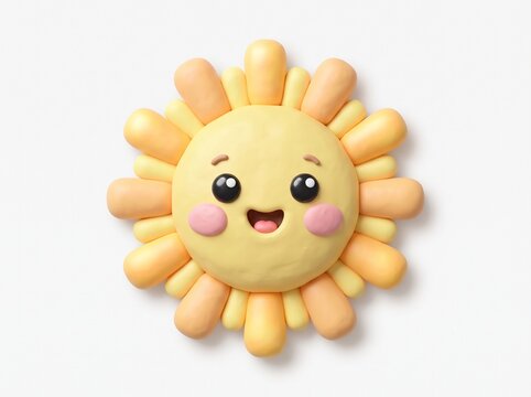 Adorable claymation style 3D sun icon, with a cheerful smiling face, big black eyes, pink cheeks and golden yellow rays.