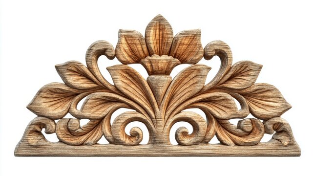 An intricate carved wooden architectural ornament with symmetrical floral motifs and leaf scrolls, isolated on a white background.Woodworking and carpentry blogs, interior design websites