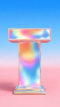 A vibrant 3D letter T featuring a smooth holographic gradient finish standing against a soft blue and pink background.Design blogs, typography portfolios, e-commerce product promotion banners