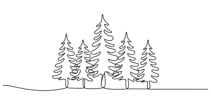 Continuous single line drawing of a small group of evergreen pine trees in a forest landscape isolated on a white background isolated on transparent background, illustration