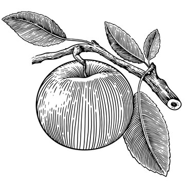 An apple hanging from a tree branch with leaves, illustrated in detailed black and white engraving style. Suitable for food packaging, botanical posters, labels and educational designs.