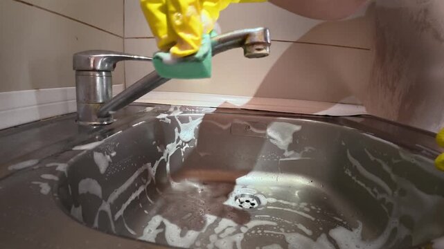 Hands in Rubber Gloves Scrubbing Chrome Faucet with Sponge