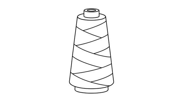 Conical spool of industrial bag closing sewing thread with crosswound filament cord on a plastic support bobbin, presented as a black line vector icon for commercial packaging sack stitching workshops