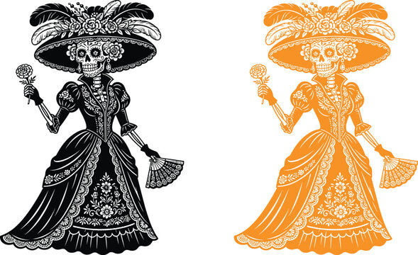 La catrina skeleton woman in vintage dress with hat holding a flower and fan