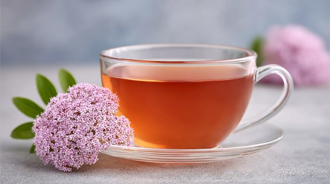 A clear glass teacup filled with warm herbal tea resting on a saucer alongside fresh pink valerian or yarrow flowers on a grey stone surface.Herbal medicine portals, wellness blogs