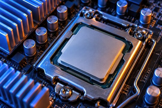 Central processing unit computer hardware close-up view showing the intricate details of modern technology with bright blue and orange glow.