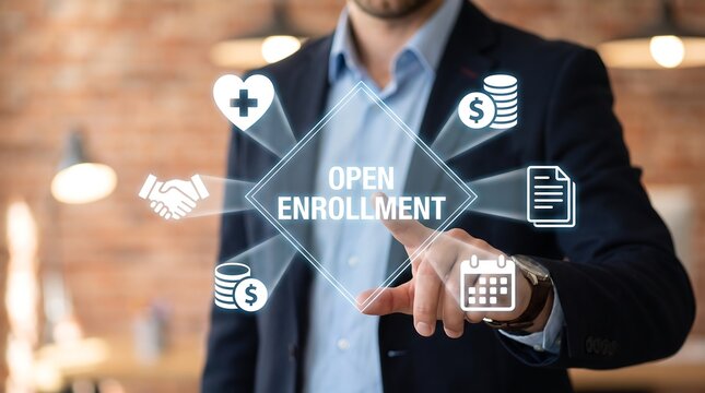 Man pointing at a virtual menu interface for open enrollment administration with digital human hand employee benefits health insurance resources