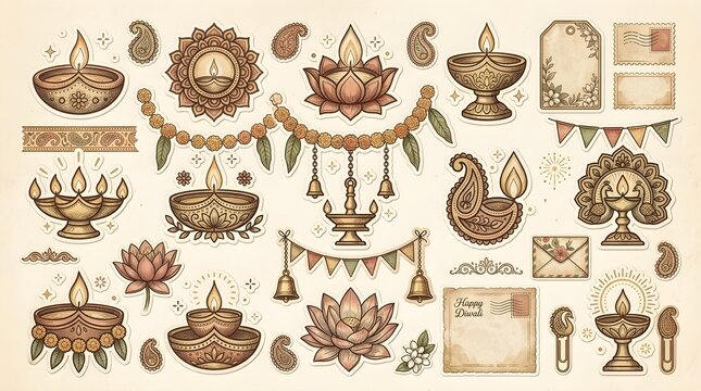 Vintage Diwali Festival Vector Bundle with Ornate Diyas, Lotus Flowers, Marigold Garlands and Traditional Indian Decorations